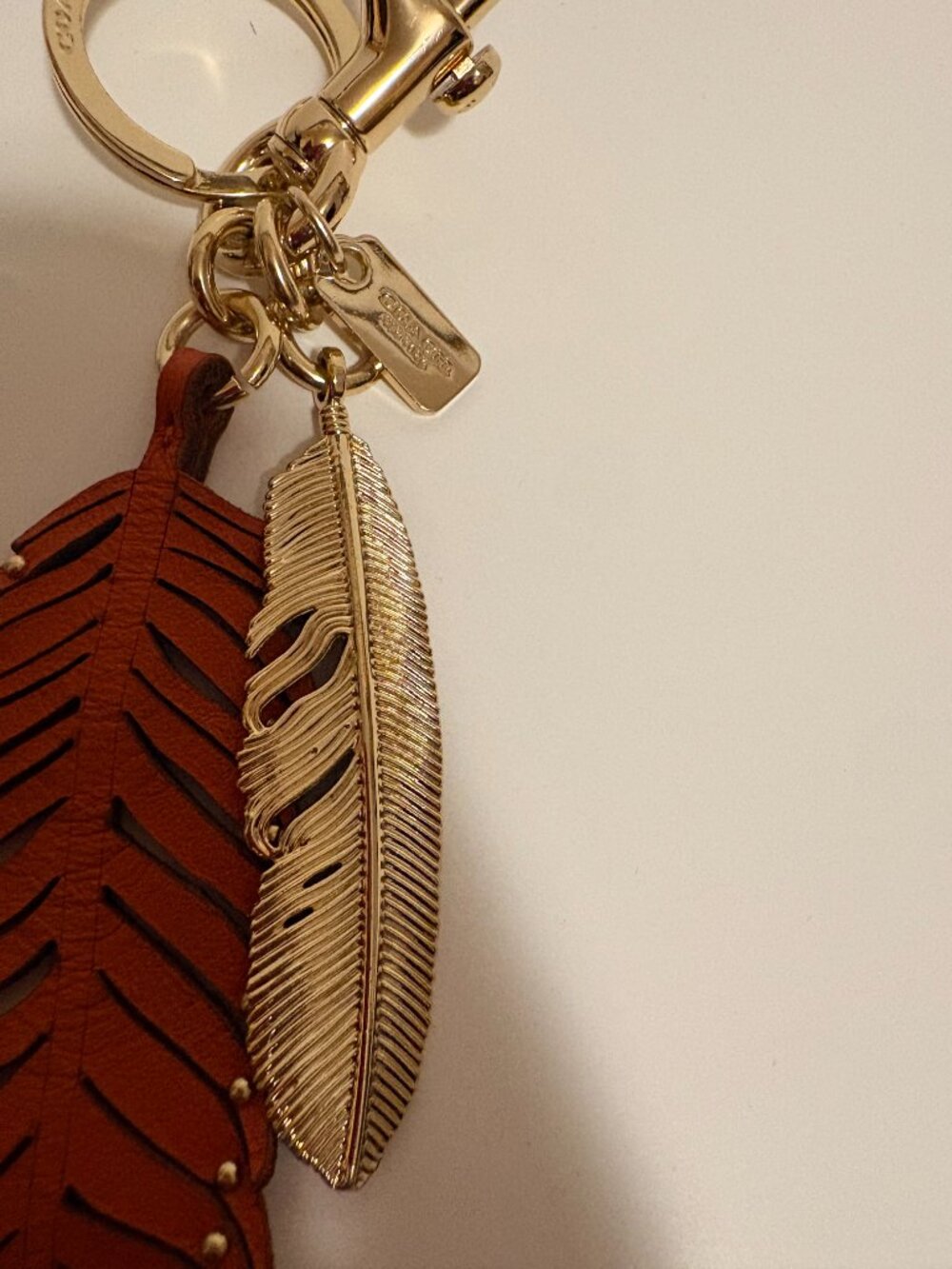Coach Feather Bag Charm 89414 Orange Leather Silver Feather Keychain - Picture 4 of 4